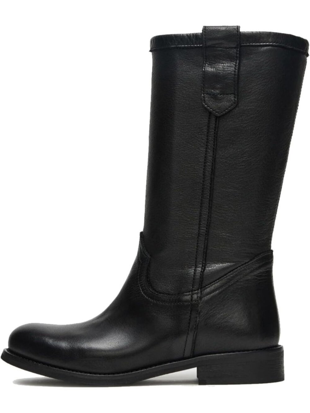 Women's Black Mid Calf Chunky Block Heel Pull On Boots Round Toe Stylish Boots